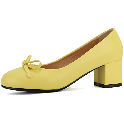 CuteFlats Süßer Pumps zum Hineinschlüpfen mit Runder Zehenpartie und Mittlerem Blockabsatz (Pu Gelb, 41) von CuteFlats