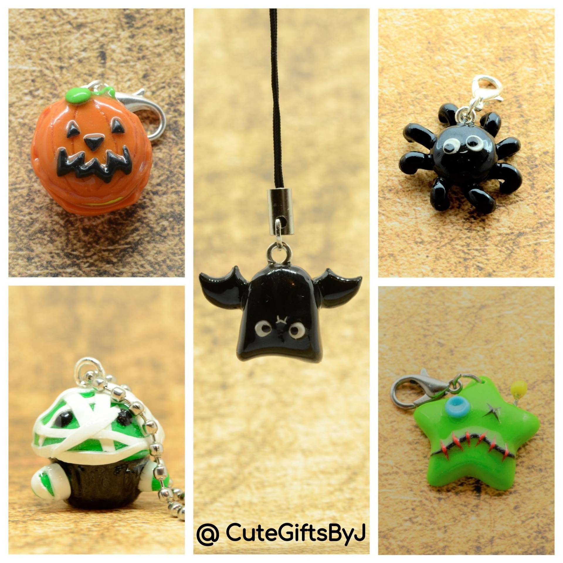 Halloween Anhänger // Polymer Clay Charm// Kürbis-Macaron, Fledermaus, Mumien-Cupcake, Spinne, Voodoo-stern von CuteGiftsByJ