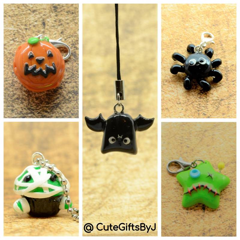 Halloween Anhänger // Polymer Clay Charm// Kürbis-Macaron, Fledermaus, Mumien-Cupcake, Spinne, Voodoo-stern von CuteGiftsByJ