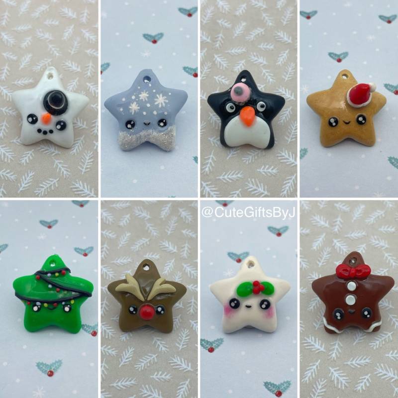 Kawaii Stern Weihnachten Anhänger - Polymer Clay Charm // Weihnachtsmann Rudolph Schneemann Christmas Jewelry Fimo Premo von CuteGiftsByJ
