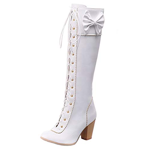 CuteHeels Damen Blockabsatz Langschaft Stiefel mit Bogen (Weiß, 41 EU) von CUTEHEELS