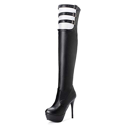 CuteHeels Damen Sexy Oberschenkelhohe Plateaustiefel mit Stiletto und Runder Zehenpartie (Schwarz, 41 EU) von CuteHeels