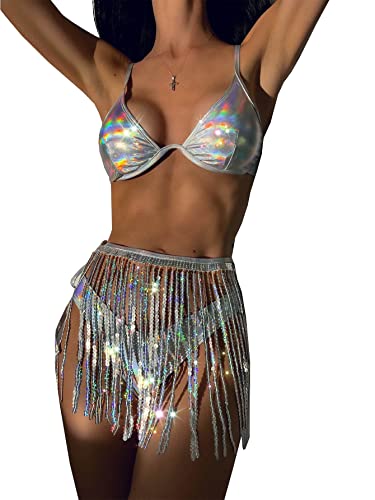 CuteMe Damen 3-teiliger Badeanzug Metallic Pailletten Quaste Rock Badeanzüge, silber, Medium von CuteMe