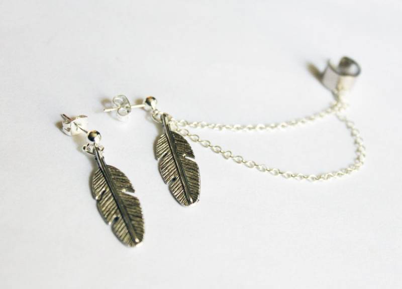 Antikes Silber Feder Doppel Kette Manschette Ohrring Set Antikes Silber Feder Doppel Kette Manschette Ohrring Set von CuteNSassyShop