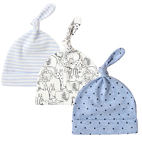 CuteOn 3 Pack Baby Beanie Knoten Hut Neugeboren Jungen Mädchen Baumwolle Einstellbar Kappe zum Baby 0-6 Monate 100 Blaue Sternlöwen von CuteOn