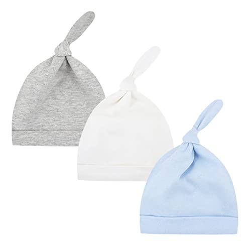 CuteOn 3 Pack Baby Beanie Knoten Hut Neugeboren Jungen Mädchen Baumwolle Einstellbar Kappe zum Baby 0-6 Monate 59 blau weiß grau von CuteOn