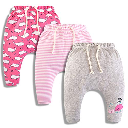 CuteOn 3 Packung Unisex Kinder Kleinkind Harem Hose Baumwolle Elastisch Trousers 17 Rosa Wal 6 Monate von CuteOn