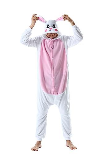 CuteOn Erwachsene Tier Jumpsuits Partei Pyjamas Dame Halloween Onesie Cartoon Performance Kostüme Pyjama Herren Loungewear-Kaninchen-Weiß-XL von CuteOn