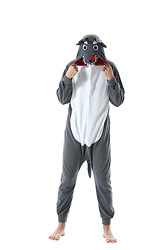 CuteOn Erwachsene Tier Jumpsuits Partei Pyjamas Dame Halloween Onesie Cartoon Performance Kostüme Pyjama Herren Loungewear-Karikatur Wolf-Grau-XL von CuteOn