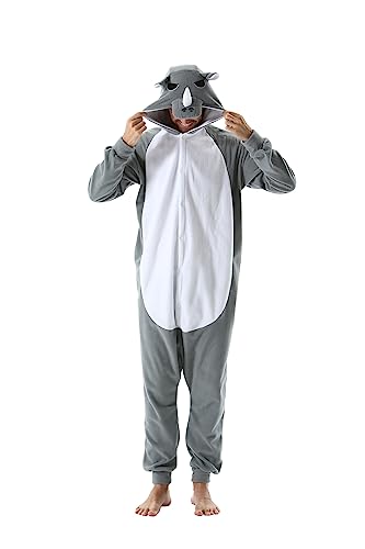 CuteOn Erwachsene Tier Jumpsuits Partei Pyjamas Dame Halloween Onesie Cartoon Performance Kostüme Pyjama Herren Loungewear-Nashorn-Grau-XL von CuteOn