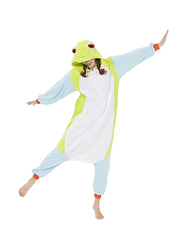 CuteOn Jumpsuit Tier Karneval Kostüm Partei Sleepsuit Cosplay Pyjamas Karikatur Onesie Damen Schlafanzug Erwachsene Unisex Nachtwäsche-Frosch-XL von CuteOn
