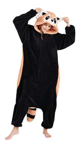 CuteOn Jumpsuit Tier Karneval Kostüm Partei Sleepsuit Cosplay Pyjamas Karikatur Onesie Damen Schlafanzug Erwachsene Unisex Nachtwäsche-Kleiner Waschbär（Arctic Flanell）-M von CuteOn