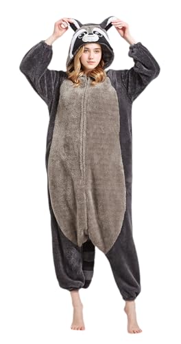 CuteOn Jumpsuit Tier Karneval Kostüm Partei Sleepsuit Cosplay Pyjamas Karikatur Onesie Damen Schlafanzug Erwachsene Unisex Nachtwäsche-Waschbär（Arctic Flanell）-Grey-XL von CuteOn