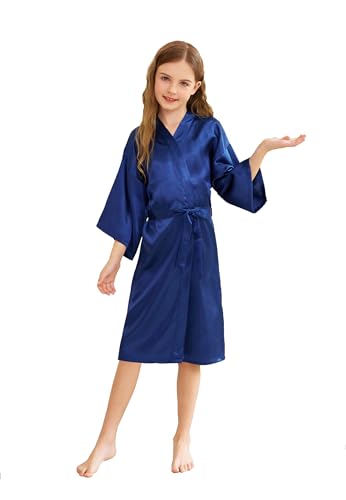 CuteOn Kinder Kids Satin Seide Kimono Robe Bademantel Morgenmantel Nachtwäsche für Spa Hochzeit Geburtstagsparty Kleid Dunkelblau Größe 6 - (Höhe 90-100cm) von CuteOn