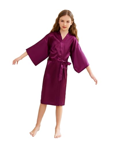 CuteOn Kinder Kids Satin Seide Kimono Robe Bademantel Morgenmantel Nachtwäsche für Spa Hochzeit Geburtstagsparty Kleid Dunkelviolett Größe 10 - (Höhe 115-130cm) von CuteOn