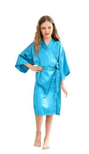 CuteOn Kinder Kids Satin Seide Kimono Robe Bademantel Morgenmantel Nachtwäsche für Spa Hochzeit Geburtstagsparty Kleid Pfauenblau Größe 10 - (Höhe 115-130cm) von CuteOn
