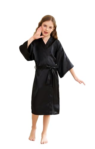 CuteOn Kinder Kids Satin Seide Kimono Robe Bademantel Morgenmantel Nachtwäsche für Spa Hochzeit Geburtstagsparty Kleid Schwarz Größe 12 - (Höhe 130-145cm) von CuteOn