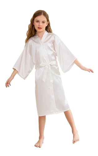CuteOn Kinder Kids Satin Seide Kimono Robe Bademantel Morgenmantel Nachtwäsche für Spa Hochzeit Geburtstagsparty Kleid Weiß Größe 10 - (Höhe 115-130cm) von CuteOn