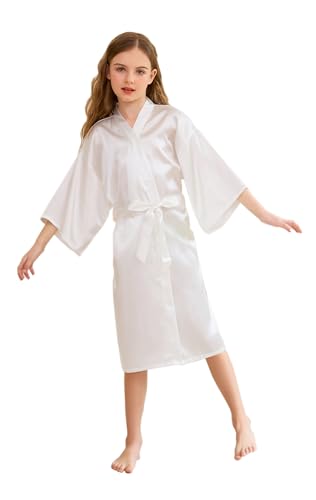 CuteOn Kinder Kids Satin Seide Kimono Robe Bademantel Morgenmantel Nachtwäsche für Spa Hochzeit Geburtstagsparty Kleid Weiß Größe 12 - (Höhe 130-145cm) von CuteOn