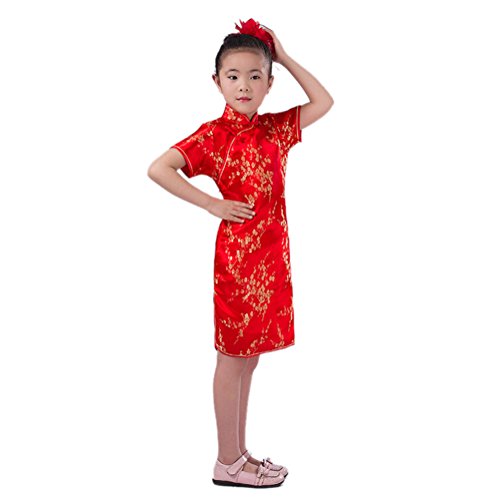 CuteOn Kinder Mädchen Kurzarm Chinesisch Party Kleid Qipao Cheongsam Sommer Mini Kleid Pflaumenblüte - Rot 12 von CuteOn