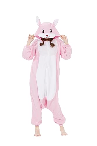 CuteOn Onesie Damen Tier Karneval Kostüm Sleepsuit Cosplay Pyjamas Einteiler Pyjama Herr Schlafanzug Erwachsene Unisex Nachtwäsche-Kaninchen-Rosa-M von CuteOn