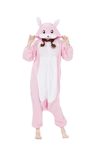 CuteOn Onesie Damen Tier Karneval Kostüm Sleepsuit Cosplay Pyjamas Einteiler Pyjama Herr Schlafanzug Erwachsene Unisex Nachtwäsche-Kaninchen-Rosa-XL von CuteOn