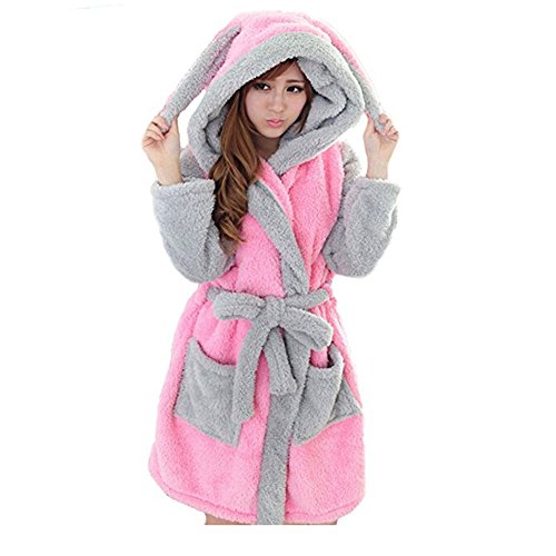 CuteOn Unisex Ehepaar Damen Herren Karikatur Tier Coral Fleece Mit Kapuze Wickeln Morgenmantel Nachtwäsche Bademantel Cosplay Hase Large von CuteOn