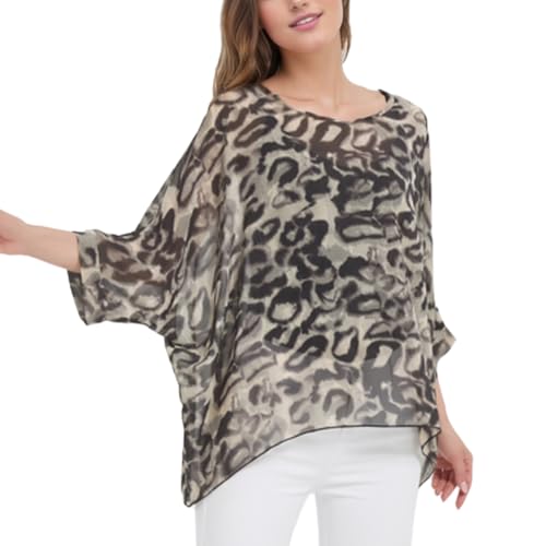 CuteSwan Damen Sommer Bohemian Print Chiffon Bluse Lose V Ausschnitt Tunika Tops für Leggings Casual T-Shirts, #Aprikose mit Leopardenmuster, Einheitsgröße von CuteSwan