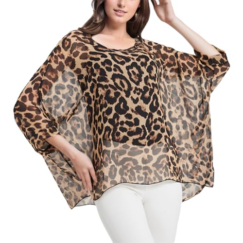 CuteSwan Damen Sommer Bohemian Print Chiffon Bluse Lose V Ausschnitt Tunika Tops für Leggings Casual T-Shirts, #Plus Leopardenmuster, One size von CuteSwan