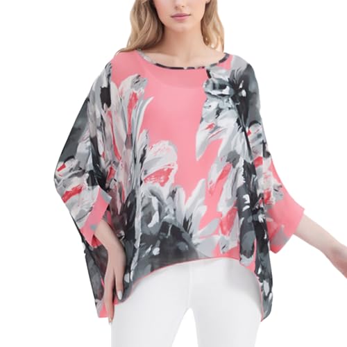 CuteSwan Damen Sommer Bohemian Print Chiffon Bluse Lose V Ausschnitt Tunika Tops für Leggings Casual T-Shirts, Rot mit Batikmuster, One size von CuteSwan
