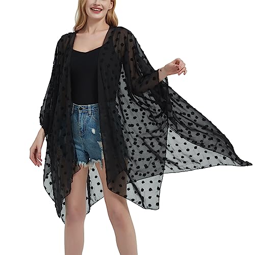 CuteSwan Damen Strand Lange Bademode Cover Up Schweizer Dot Chiffon Kimono Cardigan Badeanzug, #Swiss Dot-black, One size von CuteSwan