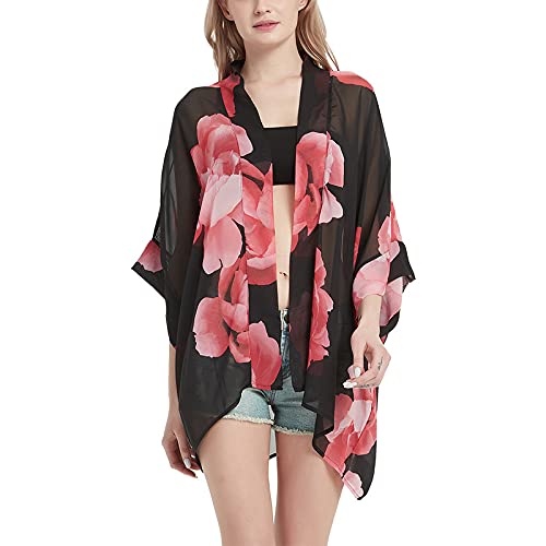 Damen Boho Floral Print Kimono Bikini Cover Up Sheer Chiffon Lose Cardigan Bluse Wrap, Pink von CuteSwan