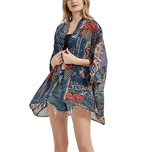 Damen Boho Floral Print Kimono Bikini Cover Up Sheer Chiffon Lose Cardigan Bluse Wrap, Quadratisches Paisleymuster, von CuteSwan