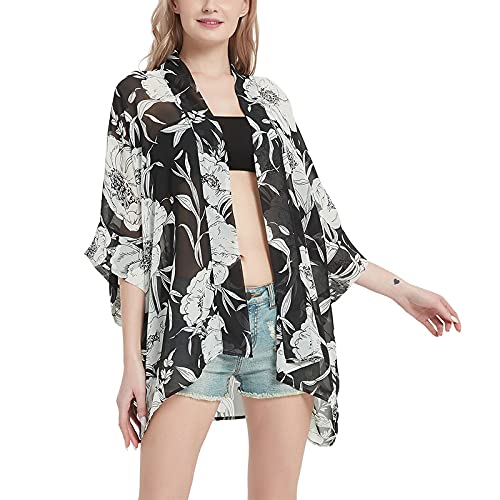 Damen Boho Floral Print Kimono Bikini Cover Up Sheer Chiffon Lose Cardigan Bluse Wrap, Weiß von CuteSwan