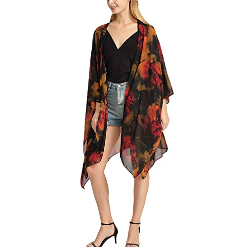 Damen Kimono Cardigan aus Chiffon, Blumendruck, locker, lässig, lang, Boho, durchscheinend, #Rote Adern, One size von CuteSwan