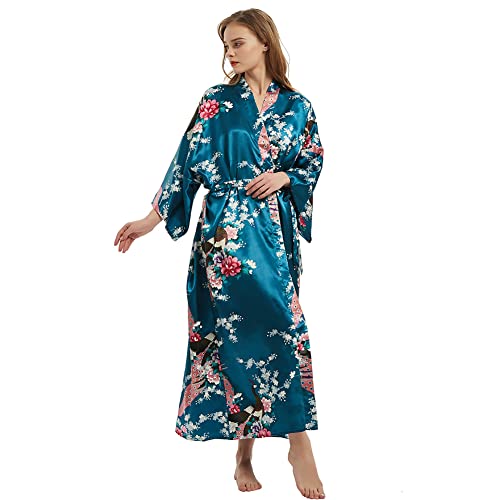 Damen Kimono Bademäntel Blumen Kimono Robe Bedruckt Cardigan für Frauen Hochzeit Bonding Party Pyjama, Pfauenblüten-Peacock Blue, One size von CuteSwan