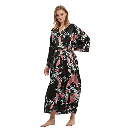 Damen Kimono Bademäntel Blumen Kimono Robe Bedruckt Cardigan für Frauen Hochzeit Bonding Party Pyjama, Pfauenblumen-Schwarz, One size von CuteSwan