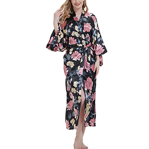 Damen Kimono Bademäntel Blumen Kimono Robe Bedruckt Cardigan für Frauen Hochzeit Bonding Party Pyjama, #Schwarz mit Hibiskus, One size von CuteSwan
