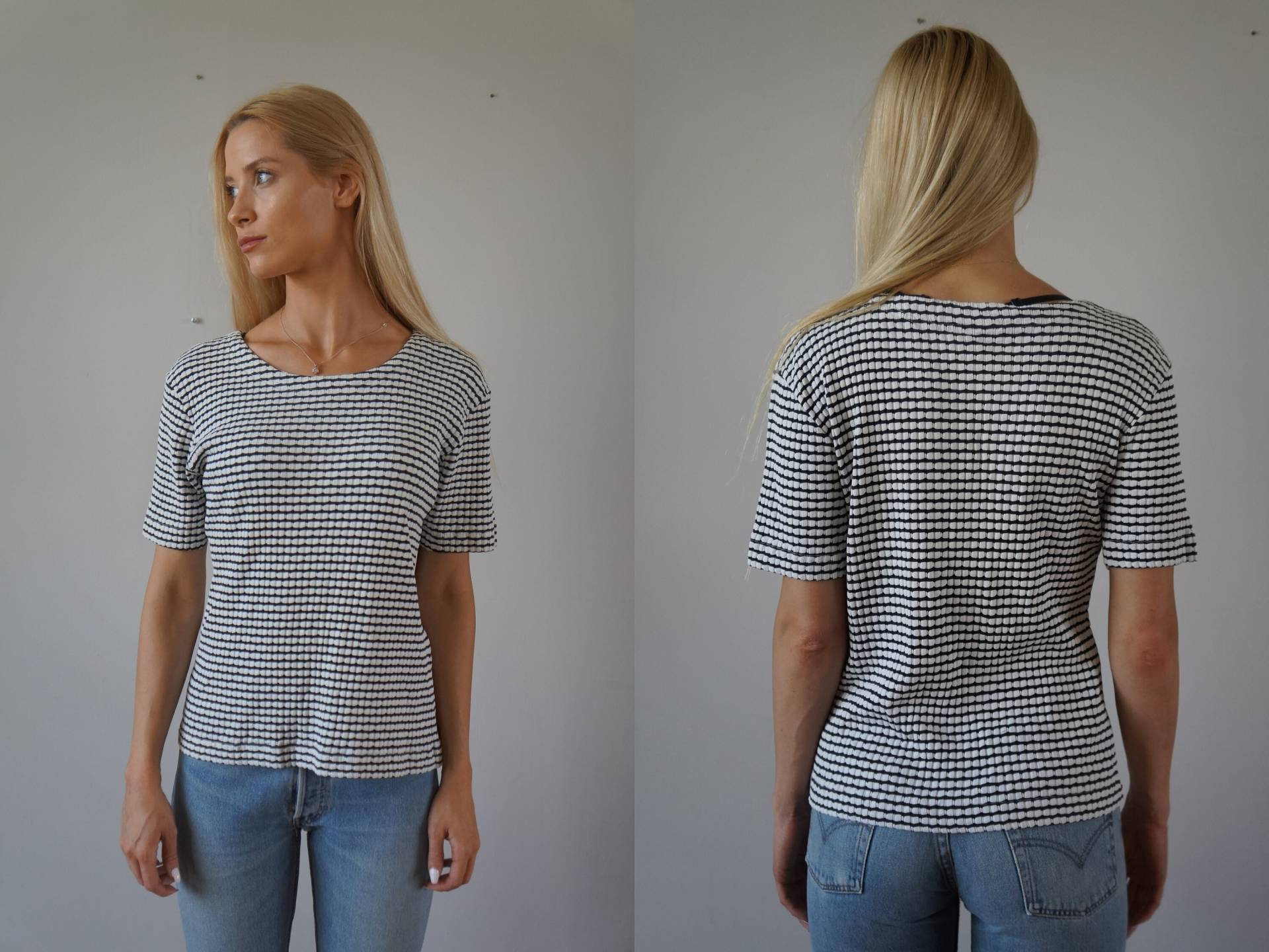 90Er Jahre Vintage Gestreiftes Baumwoll Top Damen Kurzarm Pullover | M von CuteVintageHouse
