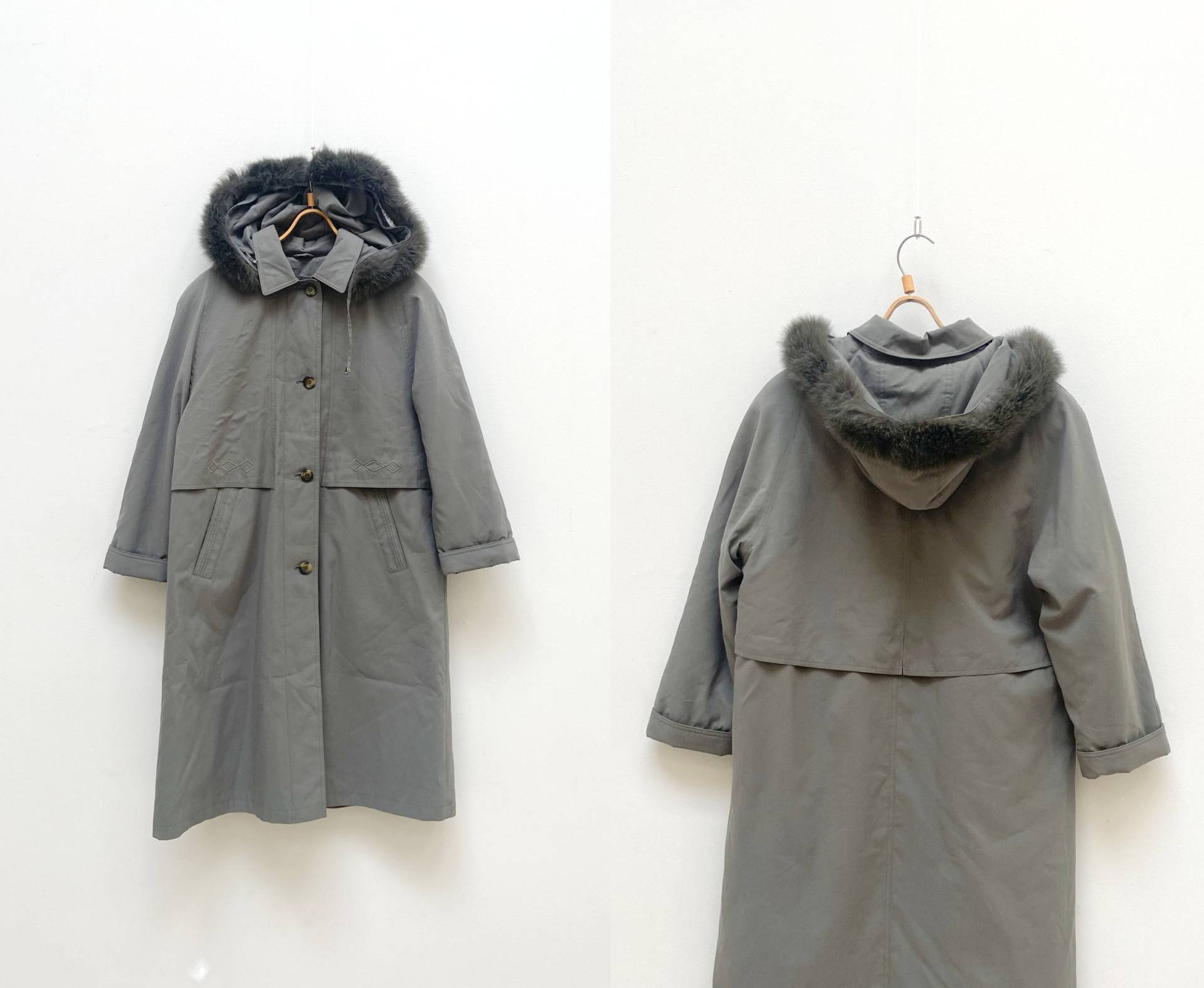 Vintage 80Er Jahre Kreation Atelier Gj Grün Mantel Parka Frauen Khaki Übermantel Damen Long Fell Kapuzenmantel Groß von CuteVintageHouse