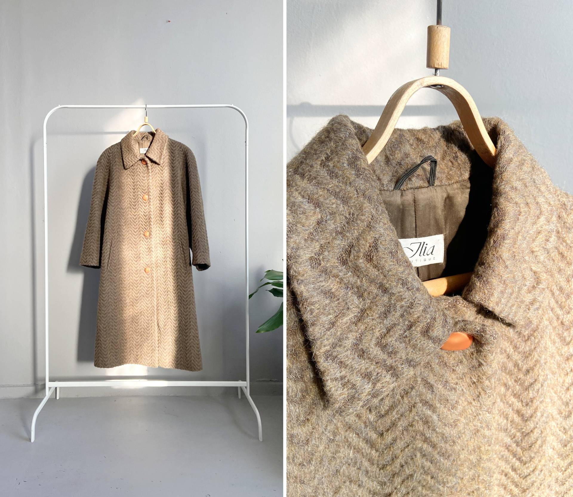 Vintage 90Er Jahre Braun Wolle Mantel Damen Oversize M Mohair Wollmantel Winter Khaki Gestreifter Wintermantel Langer Medium von CuteVintageHouse