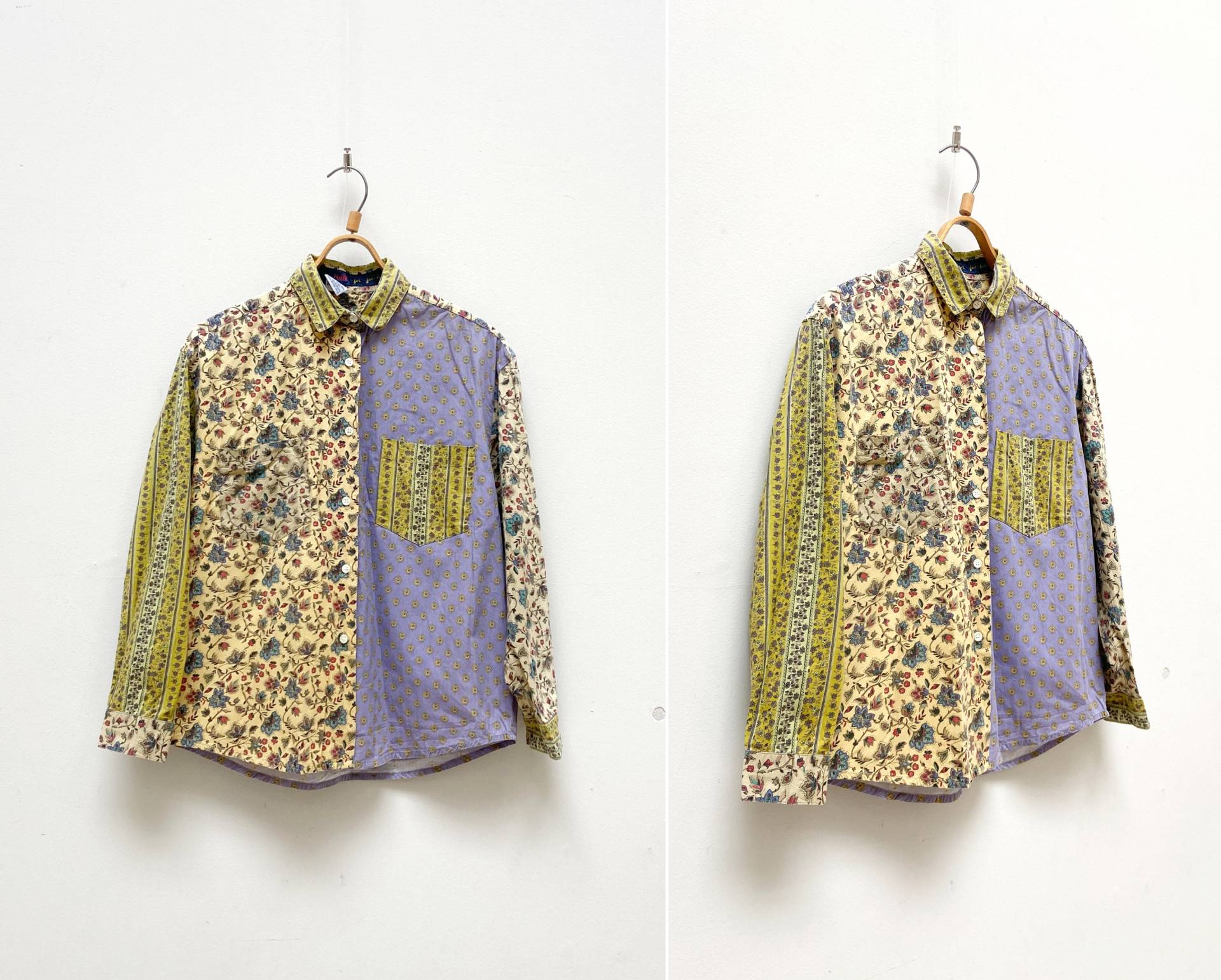 Vintage 90Er Jahre Colorblock Shirt Damen Color Block Bluse M Floral Pastell Medium Gemustertes Top Langarm von CuteVintageHouse