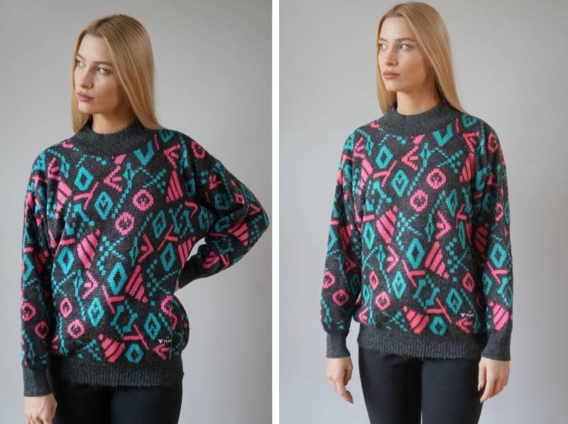 Vintage 90Er Jahre Pullover Bunter Rollkragenpullover | Größe L von CuteVintageHouse