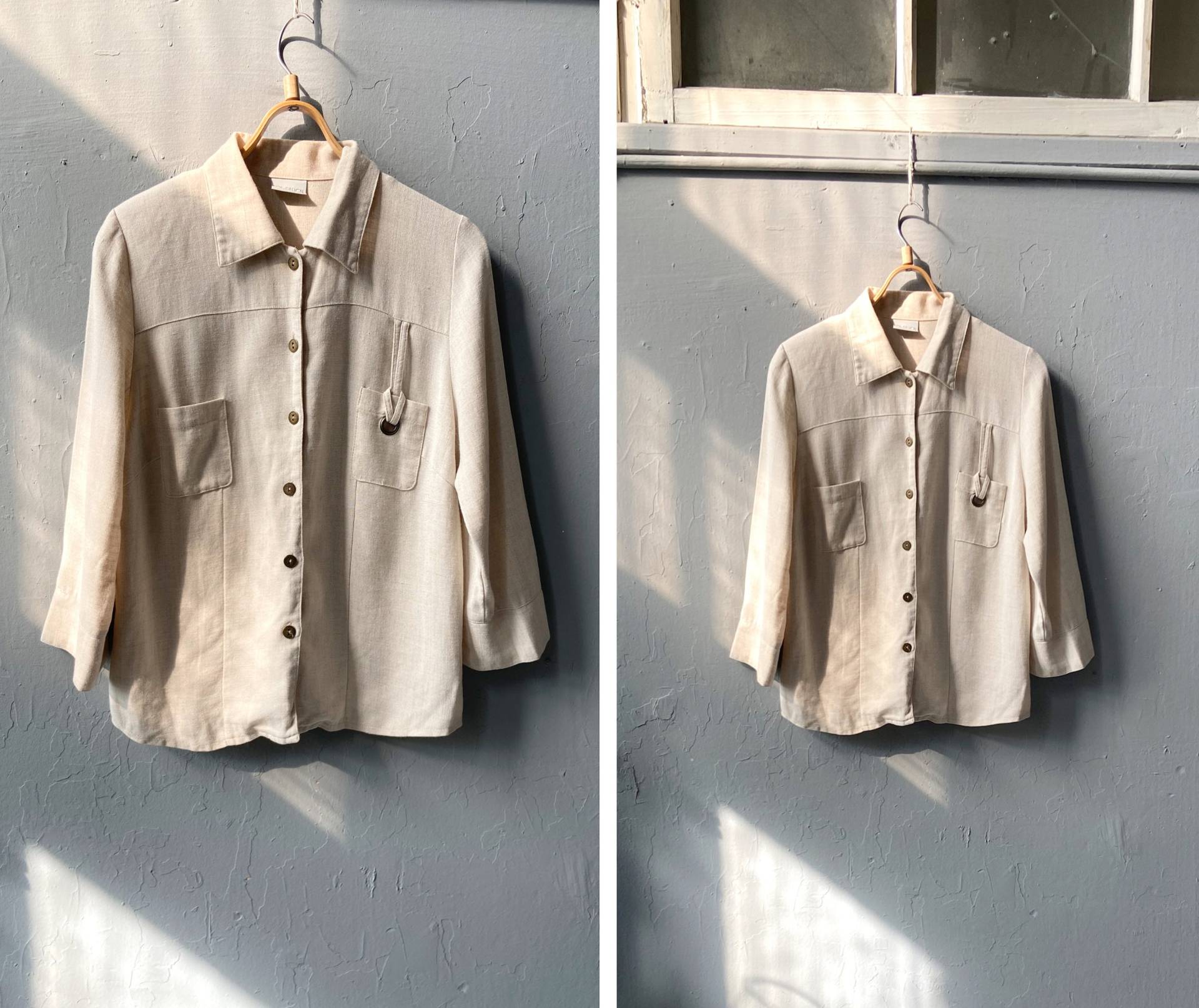 Vintage 90Er Leinenjacke Damen Beige Leinenjacke Leinen Shirt S Bluse Kragen Leinenhemd Jacke Klein von CuteVintageHouse