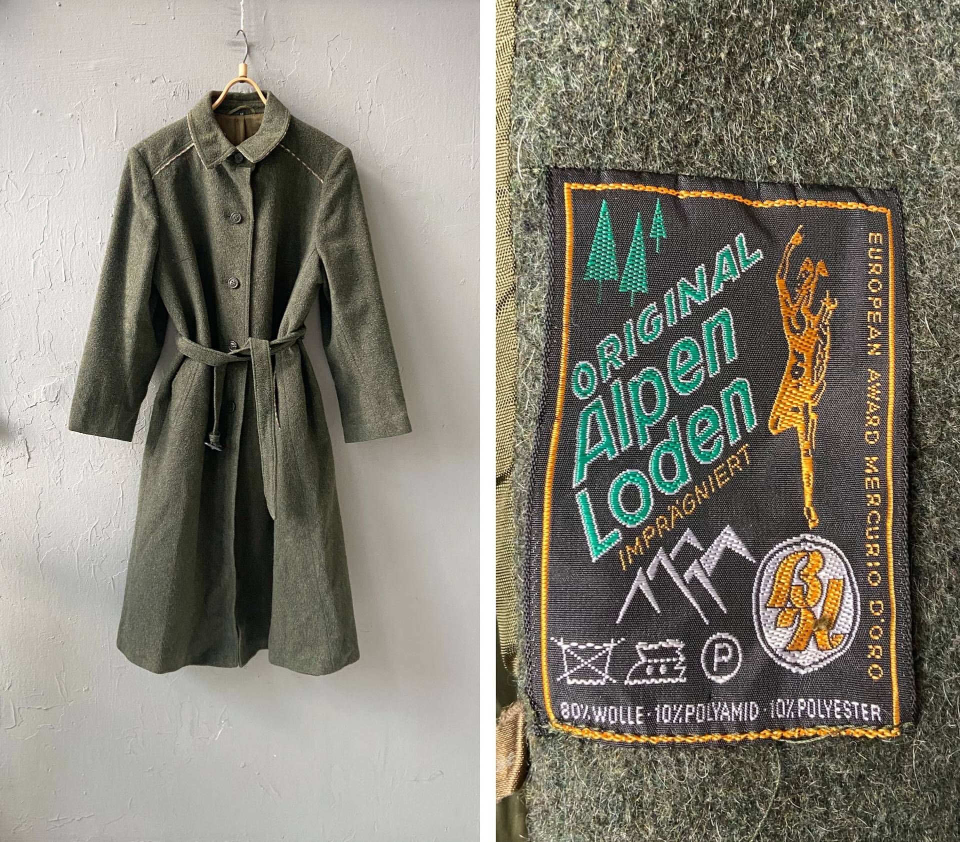 Vintage 90Er Wolle Mantel Grün Gürtel Loden Alpen Khaki Trachten Tirol M von CuteVintageHouse