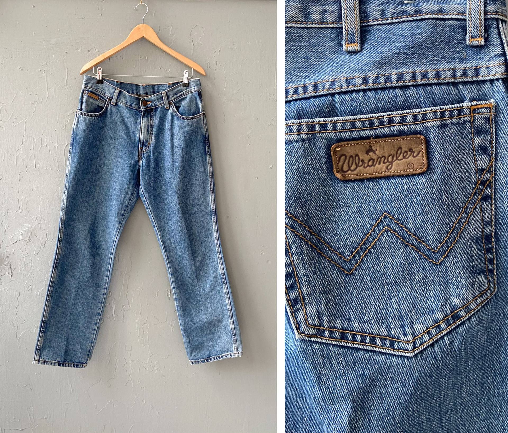 Vintage Wrangler Jeans Damen 90Er Blau Hohe Taille 33 Regular Fit Herren Blue Boyfriend W33 L30 von CuteVintageHouse