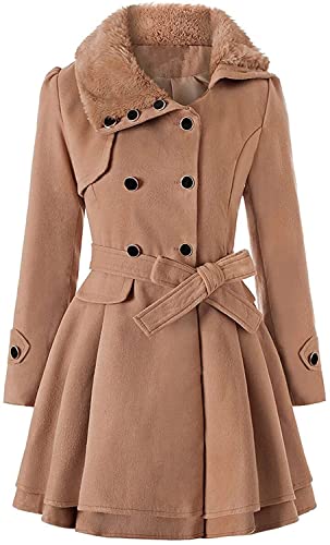 Winter Mantel für Damen Lang Wollmantel Damen Warm Wolle Erbsenmantel Trenchcoat mit Gürtel und Zweireiher Revers Fleecejacke gefütterte Winterjacke Übergangsjacke Wintermantel (A-Khaki,4XL) von Cuteboom