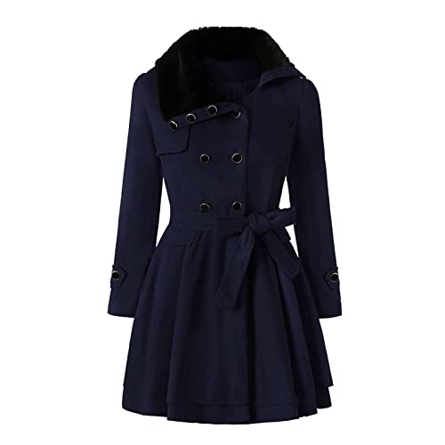 Winter Mantel für Damen Lang Wollmantel Damen Warm Wolle Erbsenmantel Trenchcoat mit Gürtel und Zweireiher Revers Fleecejacke gefütterte Winterjacke Übergangsjacke Wintermantel (A-Marine,3XL) von Cuteboom