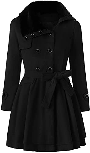 Winter Mantel für Damen Lang Wollmantel Damen Warm Wolle Erbsenmantel Trenchcoat mit Gürtel und Zweireiher Revers Fleecejacke gefütterte Winterjacke Übergangsjacke Wintermantel (A-Schwarz,L) von Cuteboom