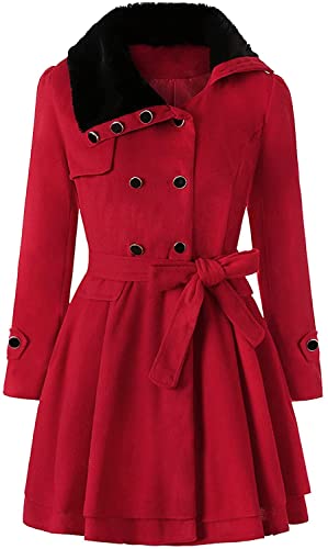 Winter Mantel für Damen Lang Wollmantel Damen Warm Wolle Erbsenmantel Trenchcoat mit Gürtel und Zweireiher Revers Fleecejacke gefütterte Winterjacke Übergangsjacke Wintermantel (A-rot,5XL) von Cuteboom